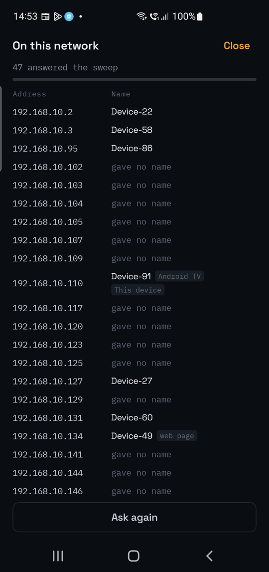 The LAN page: 47 answered the sweep, listed by address — some naming themselves, others marked as having given no name, one tagged Android TV and This device, another tagged web page — above an Ask again button.