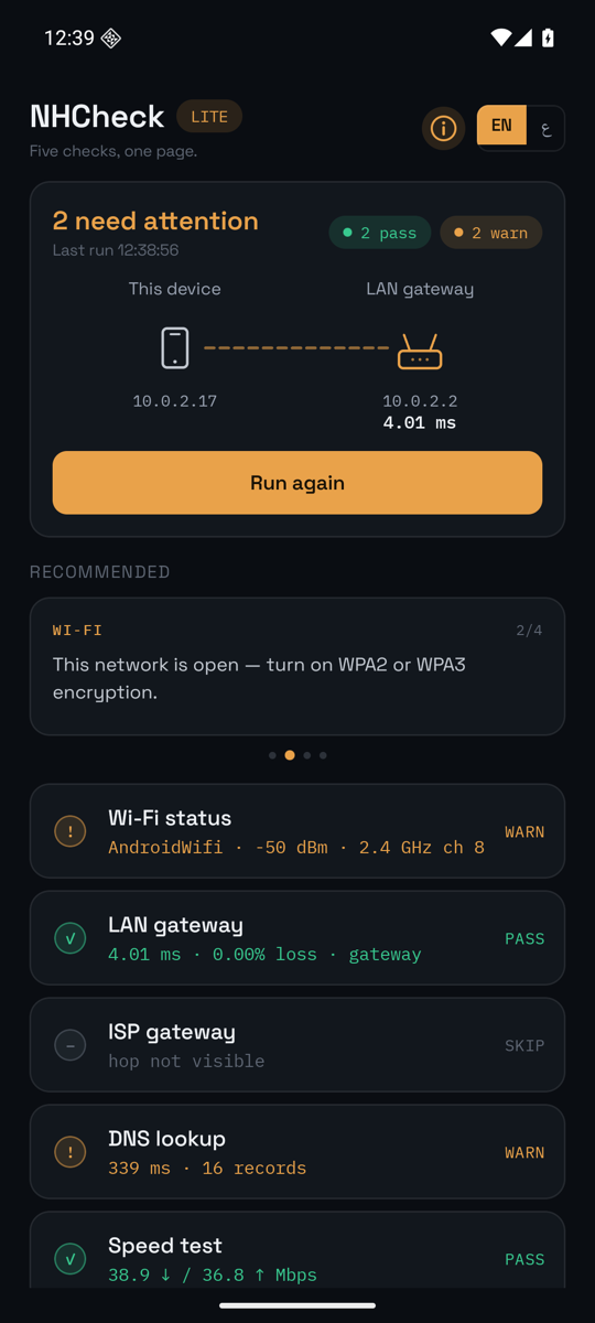 NHCheck Lite after a run: the path from this device to the LAN gateway with its measured latency, a recommendation to turn on WPA2 or WPA3, and the five checks with their verdicts — Wi-Fi WARN, LAN gateway PASS, ISP gateway SKIP, DNS WARN, speed test PASS.