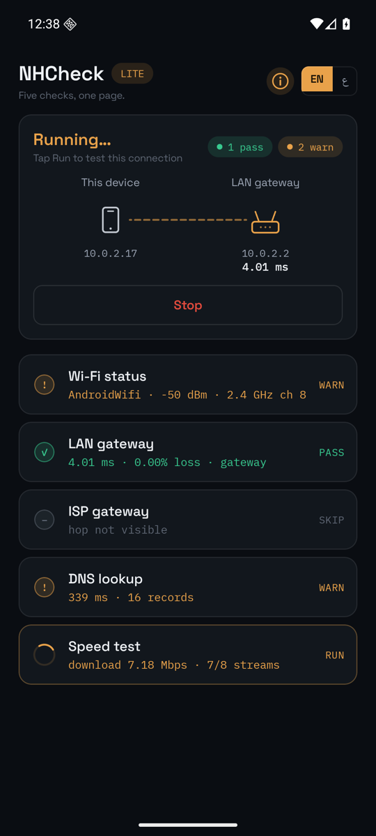 NHCheck Lite mid-run: the path diagram above a Stop button, the finished checks showing their figures, and the speed test reading download 7.18 Mbps over 7 of 8 streams.
